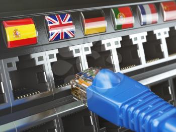 E-learning, translate foreign languages, online vocabilary, multilingual support or change of ip location concept. Flags of countries and ethernet plug and sockets. 3d illustration