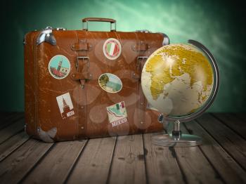 Old suitcase with globe on wood  background. Travel or tourism concept.  3d illustration