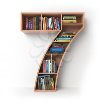 Number 7 seven. Alphabet in the form of shelves with books isolated on white. 3d illustration