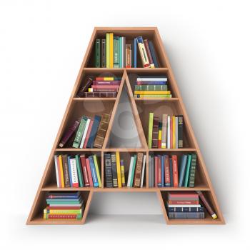 Letter A. Alphabet in the form of shelves with books isolated on white. 3d illustration