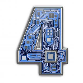 Number 4 four, Alphabet in circuit board style. Digital hi-tech letter isolated on white. 3d illustration