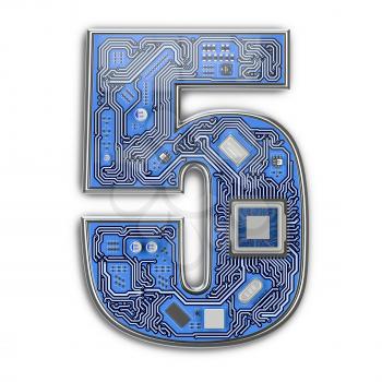 Number 5 five, Alphabet in circuit board style. Digital hi-tech letter isolated on white. 3d illustration