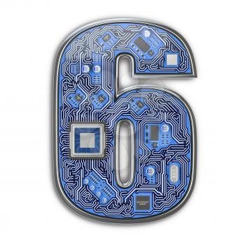 Number 6 six, Alphabet in circuit board style. Digital hi-tech letter isolated on white. 3d illustration