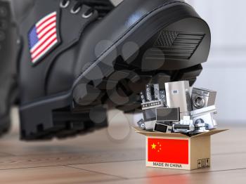 USA China technology war and market conflict.  Economic trade war concept. Cardbox with appliance made in China and american military boot above it. 3d illustration
