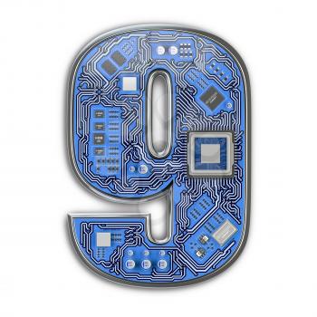 Number 9 nine Alphabet in circuit board style. Digital hi-tech letter isolated on white. 3d illustration