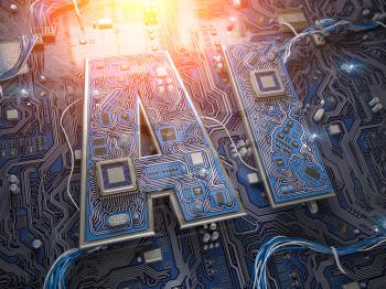 AI, Artificial Intelligence. Computer chips with CPU in form of text AI. 3d illustration