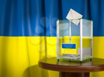 Ballot box with flag of Ukraine and voting papers. Ukrainian presidential or parliamentary election.  3d illustration