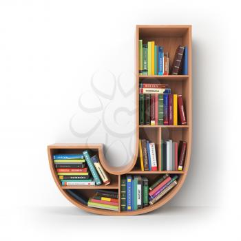 Letter J. Alphabet in the form of shelves with books isolated on white. 3d illustration