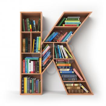 Letter K. Alphabet in the form of shelves with books isolated on white. 3d illustration