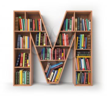Letter M. Alphabet in the form of shelves with books isolated on white. 3d illustration