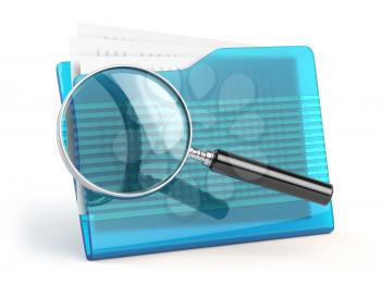 File search concep.  Folders and loupe or  magnifying glass. 3d illustration