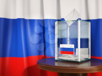 Ballot box with flag of Russia  and voting papers. Russian presidential or parliamentary election. 3d illustration