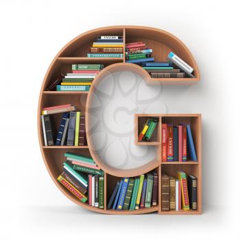 Letter G. Alphabet in the form of shelves with books isolated on white. 3d illustration