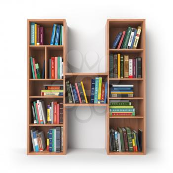 Letter H. Alphabet in the form of shelves with books isolated on white. 3d illustration