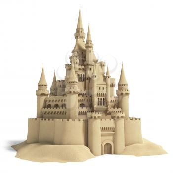 Fairytale sand castle isolated on white background. 3d illustration