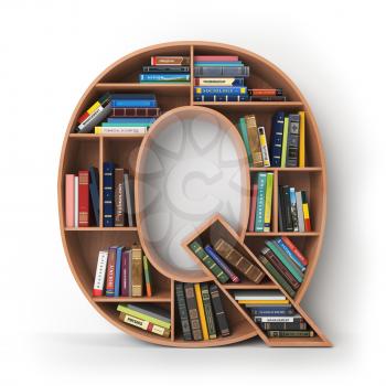 Letter Q. Alphabet in the form of shelves with books isolated on white. 3d illustration