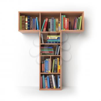 Letter T. Alphabet in the form of shelves with books isolated on white. 3d illustration
