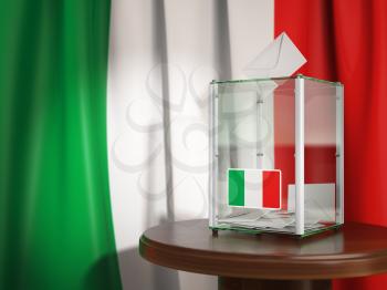 Ballot box with flag of Italy and voting papers. Italian presidential or parliamentary election. 3d illustration