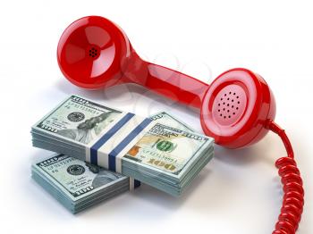 Telephone receiver and packs of dollars. Financial help and credit concept. 3d illustration
