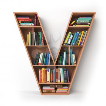 Letter V. Alphabet in the form of shelves with books isolated on white. 3d illustration