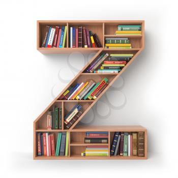 Letter Z. Alphabet in the form of shelves with books isolated on white. 3d illustration
