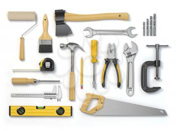 Set of tools isolated on white background. Hammer, screwdriver, brush, spanner pliers, measure tape. 3d illustration