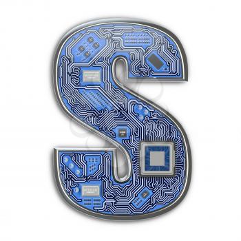 Letter S.  Alphabet in circuit board style. Digital hi-tech letter isolated on white. 3d illustration
