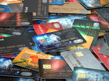 Pile of colored credit cards background, 3d illustration