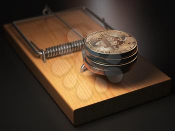 Bitcoin BTC coins in the mousetrap. Financial invetsment risk concept. 3d illustration