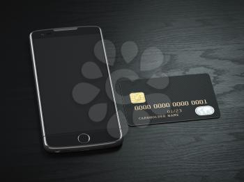 Smartphone with credit card ion black wooden desk background Mobile banking, e-commerce , business finance mock up concept. 3d illustration