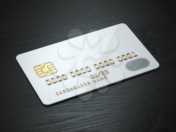 White blank credit cards mockup on black wood table background. 3d illustration
