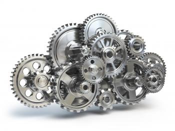 Engine gears in form of cloud isolated on white.  Cloud computing and networkin concept. 3d illustration