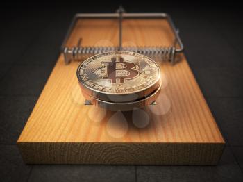 Bitcoin BTC coins in the mousetrap. Financial invetsment risk concept. 3d illustration