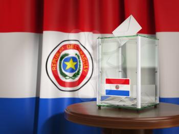 Ballot box with flag of Paraguay and voting papers. Paraguayan presidential or parliamentary election. 3d illustration
