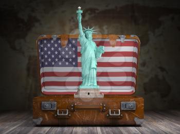 Statue of liberty and vintage suitcase with flag of USA. Travel and tourism  to NY New York city and USA concept. 3d illustration