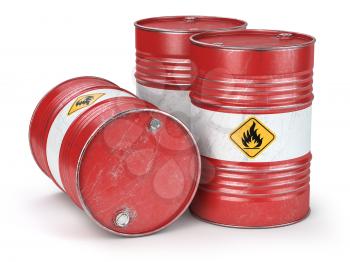 Red metal oil barrels isolated on white background. Oil, gas and petroleum industry and manufacturing. 3d illustration