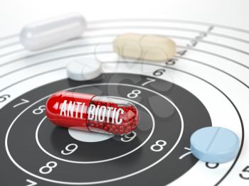 Pills on target and antibiotic in the center.  Scientific research or best prescription medication concept. 3d illustration