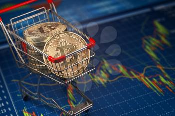 Bitcoin BTC coins in the shopping cart on the financial diagram. Cryptocurrency market concept. 3d illustration