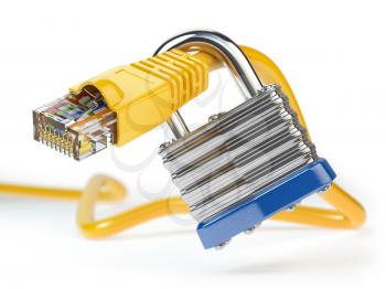 Network ethernet cable locked with padlock isolated on white background. Internet security and data protection concept. 3d illustration