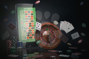 Online casino concept. Mobile phone, roulette with casino chips, slot machine and cards. 3d illustration