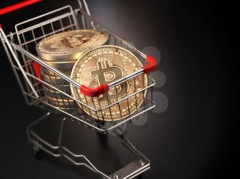Bitcoin BTC coins in the shopping cart on black background. Cryptocurrency market concept. 3d illustration