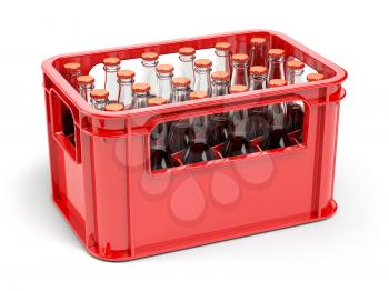 Bottles with soda or cola in the red strage crate for bottles. 3d illustration