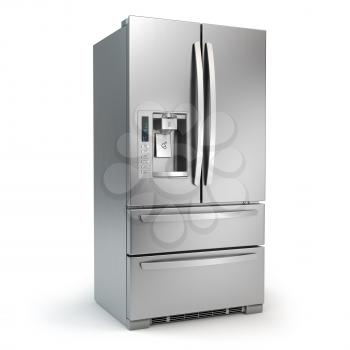 Fridge freezer. Side by side stainless steel refrigerator  with ice and water system isolated on white background. 3d illustration