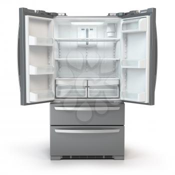 Open fridge freezer. Side by side stainless steel srefrigerator  isolated on white background. 3d illustration