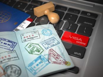 Visa online application concept. Open passport with visa stamps with airline boarding pass tickets and stamper on the computer keyboard. 3d illustration