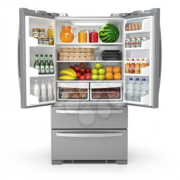 Open fridge refrigerator  full of food and drinks isolated on white background. 3d illustration