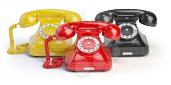 Group of  vintage telephones of differents colors isolated on white background. 3d illustration
