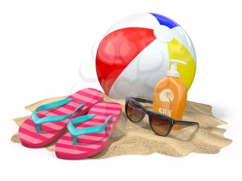 Beach accessories for relaxing. Sunscreen bottle, flip flops, sunglasses and ball onthe sand. 3d illustration