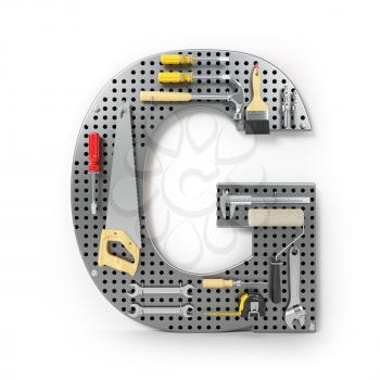 Letter G. Alphabet from the tools on the metal pegboard isolated on white.  3d illustration
