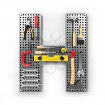 Letter H Alphabet from the tools on the metal pegboard isolated on white.  3d illustration